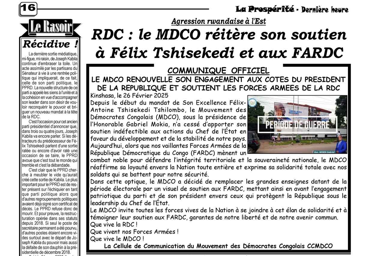 Le MDCO à la Une : Le journal La Prospérité publie notre communiqué officiel