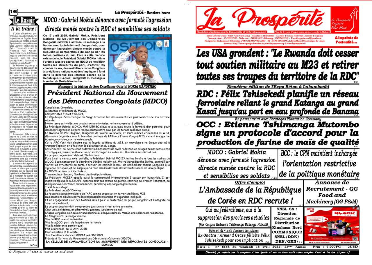 Le Journal La Prospérité relaie le Message à la Nation du Président National du MDCO